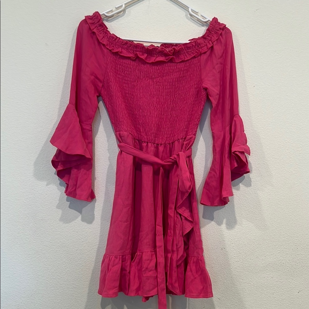 entro Bright Pink Smocked Off-Shoulder Ruffle Dress